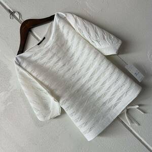 日本製和紙混透かし編みボートネックプルオーバー白