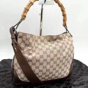 極美品 ●グッチ GUCCI ワンショルダーバッグ ハンドバッグ バンブーハンドル 2way GGキャンバス レザー 肩掛け レディース ブラウン 茶 