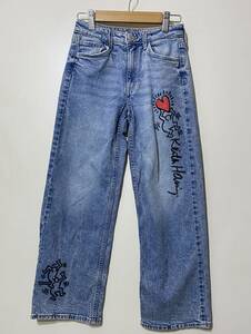 ●Keith Haring x H&M プリント ワイドフィットデニム ストレッチ ウォッシュ加工 デニムパンツ ワイドレッグ 140 キースヘリング 男女兼用