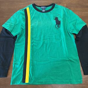 【RALPH LAUREN/ラルフローレン】重ね着風　ロンT　長袖Tシャツ　Mサイズ/150㎝（10-12）　ビッグポニー　中古　緑×黒