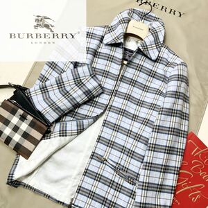 L11【ノバチェック柄】参考価格15万●超美品BURBERRY●鮮やかスカイブルー●英国製●ジップジャケットコート バーバリーコート レディース