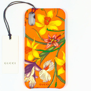 【未使用】【中古】GUCCI グッチ 550800 iPhoneX XS ケース オレンジ系 レザー 携帯 花柄 フローラ