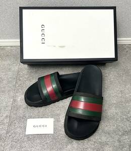 名作 人気 GUCCI シェリーライン シャワー サンダル ブラック メンズ 8 27cm 27.5cm グッチ ラバー ビーチサンダル スリッパ 国内正規品