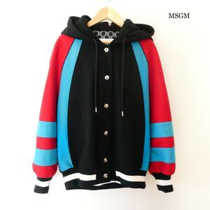 新品 未使用 MSGM エムエスジーエム サイズ40 メルトン フーディ スタジャン ボンバージャケット ストライプ柄 マルチカラー