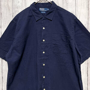 ラルフローレン Ralph Lauren CALDWELL オープンカラーシャツ ネイビー 半袖シャツ メンズ ワンポイント コットン100％ Lサイズ 5‐636