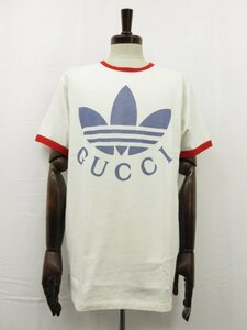 22SS 美品【グッチ×アディダス GUCCI×adidas】702612 XJEB1 トレフォイルロゴ 半袖カットソー Tシャツ(メンズ) M 白系 伊製■17MT5050■