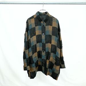 1990s ビンテージ　オーバーサイズ ブロックチェック　オーバーサイズ ジャケット　マオカラー　古着屋　デザイン　シャツ　ブルゾン
