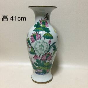 【B937】中国美術　色絵　タイ　ワット・パクナム寺院　高41cm　花瓶　壺　花鳥画　仏教美術　中国製　//検：　景徳鎮　