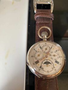 アンティーク手巻き 懐中時計 腕時計トリプルカレンダー ムーンフェイズ スイス製 シルバー800銀製