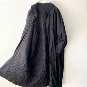ヴィンテージ ラグラン ステンカラーコート オーバーサイズ ブラック ロングコート ロゴ刺繍 3 ナイロン100% 中綿キルティング メンズ古着