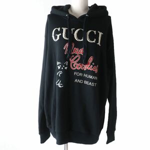 未使用品☆正規品 GUCCI グッチ 615061 ロゴ刺繍入り フード付き 長袖 オーバーサイズ パーカー/スエット/トップス ブラック S イタリア製