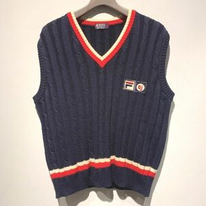 70s イタリア製 FILA BJORN BORG フィラ ビヨンボルグ Cable Knit Vest ケーブルニット ベスト 50サイズ 紺 ネイビー 古着 ビンテージ