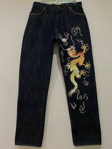 ※YAMANE ヤマネ LOT 1926 ライオン＆龍刺繍 プラチナ耳セルビッチ デニムパンツ 濃紺 EVISU エヴィス エビス 32 　　　　　 BJBB.G