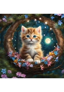 子猫　花　月星　ねこ　イラスト 絵画　絵　インテリア　Ｌ版プリント ★NO105