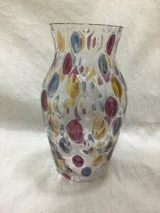 ベネチアンガラス 花瓶 カラフル 楕円 水玉 上部径約9㎝ 底径約7㎝ 高さ約21㎝