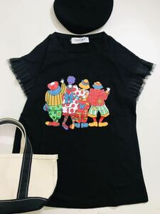 100円 未使用　COCUET ピエロ柄　フリル付き　レディース　半袖Tシャツ　ブラック　M