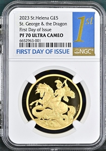 2023年 セントヘレナ セントジョージドラゴン 5ポンド 1オンス プルーフ金貨 マスターピースコレクション NGC PF70 UCA First Day of Issue