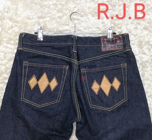 【濃紺美品★赤耳】W32 R.J.B セルビッチ付きストレートデニムパンツ/ジーンズ 14.5oz◆裾チェーンステッチ☆アールジェイビー (3153)