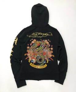 衝撃プライス！『ファン待望モデル！』【Ed Hardy エドハーディ/ドラゴン】スウェットプルオーバーパーカー！フーディ【XS/黒】E7