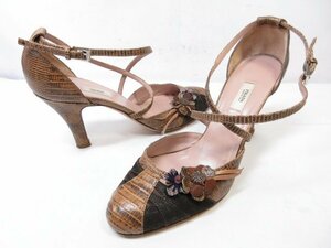 美品【プラダ PRADA】 リザードレザー クロスストラップサンダル お花装飾付き 靴 (レディース) size36 ブラウン系 ■18LZ4349■