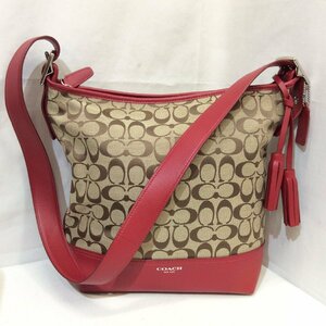 美品☆COACH コーチ シグネチャーショルダーバッグ F54339 ブラウン×レッド キャンバス×レザー