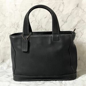 1円【美品／送料全国一律 最安値】オールドコーチ COACH・ハンドバッグ手提げ ヴィンテージ レザー 無地 シンプル ブラック系 チャーム付き