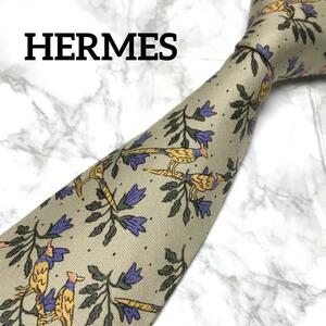 HERMES ボタニカル　花　エルメス ネクタイ　鳥