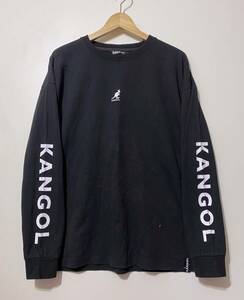 ★ KANGOL 袖ロゴ コットン 長袖 Tシャツ ロングスリーブトップス 黒 ブラック L カンガルー クルーネック ロンT プリントT リブ袖