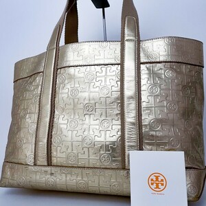 1円〜■美品■Tory Burch トリーバーチ 総柄 ロゴ 型押し トートバッグ ビジネス 大容量 A4 レディース メンズ レザー 希少色 ゴールド系