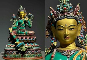 ◆羽彰・古美術◆A7907 清時代 仏教古美術 チベット密教 銅製彩絵 度母造像 仏像 細密造 寺院収蔵品