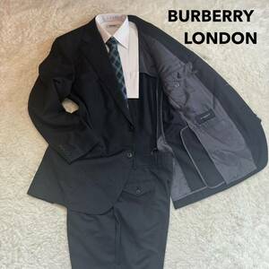 【BURBERRY LONDON】 バーバリー ロンドン BB5（Lサイズ程度） ストライプ ダークグレー スーツ セットアップ背抜きメンズ モヘア混