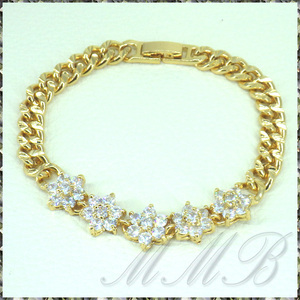 [BRACELET] 18K Gold Filled フラワー シェィプ ハイ シャイニングCZ スターカット オーバル 喜平チェーン ゴールド ブレスレット 10x185mm