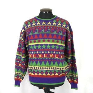 Made in Japan★FLORENCE JOYNER★長袖ウールセーター【Mens size -9　L相当/80s-90s昭和バブル柄/クージー風】sweater◆BH92