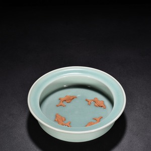 龍泉窯 粉青釉 魚紋折沿洗 陶磁器 中国美術 工芸品 唐物 置物 賞物 HB578