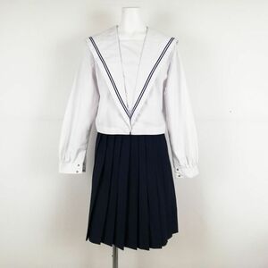 1円 セーラー服 スカート 上下2点セット 中間服 青2本線 女子 学生服 中学 高校 白 制服 中古 ランクC NA1696