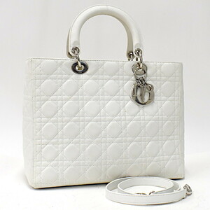 1円 ◎極美品 Christian Dior クリスチャンディオール 2way ハンドバッグ レディディオール ラージ カナージュ ホワイト◎E.Dspg.jW-08