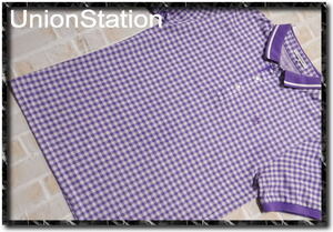 ★UNION STATION　ユニオンステーション　刺繍入りギンガム半袖ポロシャツ　紫×白★