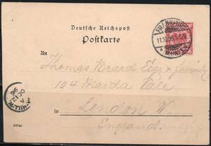 《g-180》ドイツ帝国 / １０ペニヒ切手貼り 外信絵葉書・１８９６年１０月１１日印 イギリス宛 １枚