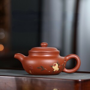 本物 紫砂壺 大紅袍 茶壷 カンフーティー 中国古玩 茶器 ティーポット 朱泥急須 カンフーティー 手彫 陶器 美術品 宜興産 極上美品 lh733