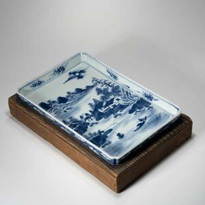 中国美術　染付　山水　皿　時代物　箱付