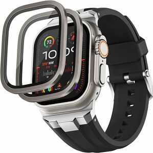 [Suitisbest] コンパチブル Apple Watch Ultra バンド 49mm シリコン チタニウム保護ガラスフィルム付き ブラック