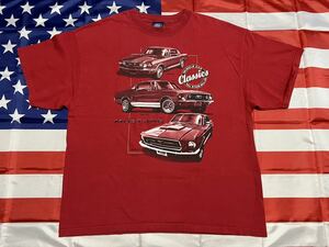 ビンテージ　MADE IN USA MUSTANG CLASSICS MUSCLE CAR OF THE 60s & 70s コットンTシャツ　XL RED FORD MOTERS公認Tシャツ　90s