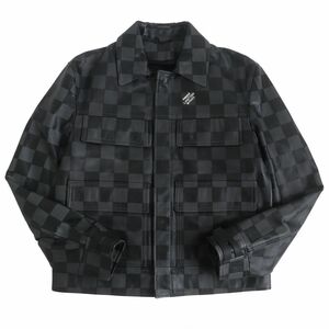 極美品□21AW LOUIS VUITTON/ルイヴィトン ダミエ ジップアップ カウハイド レザーブルゾンジャケット/ライダース グレー/黒 48 伊製 正規