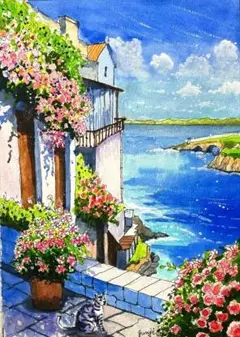 ヨーロッパ海辺の風景　ドローイング　水彩画　原画