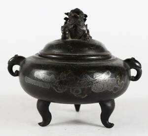 希少 江戸時代 古銅 銀象嵌 象耳三足 獅子香炉 古美術品（中国古玩旧家蔵出）D625