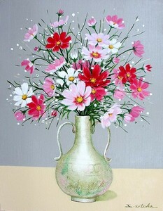 絵画　油彩　千賀節子　秋桜　油絵　Ｆ４キャンバスのみ　真作　送料無料！！　受注制作作品