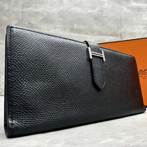 1円■マチ有り■ 定価38万円 エルメス HERMES メンズ ベアンスフレ ヴォーエプソン 長財布 H金具 sv金具 レディース レザー 黒 ブラック