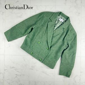 美品 Christian Dior クリスチャンディオール ウール100% ダブルブレスト テーラードジャケット 総裏 レディース 緑 カーキ サイズ11*KC204