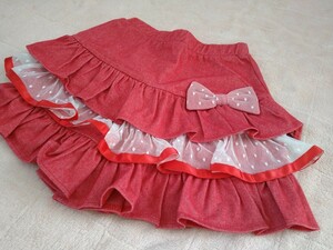 新品 Shirley Temple パンツ付スカート ドットフリル 赤 130 タグ無し デニム風 シャーリーテンプル