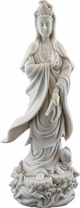 蓮台座の観音菩薩彫像 慈悲と慈愛の女神観音 白い大理石風仕上げ彫刻 仏像 ホーム 贈り物 輸入品